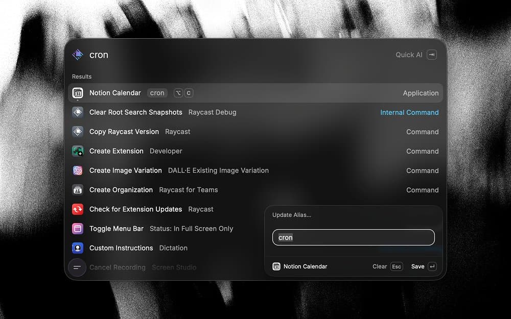Raycast command settings showing cron as an alias for Notion Calendar.