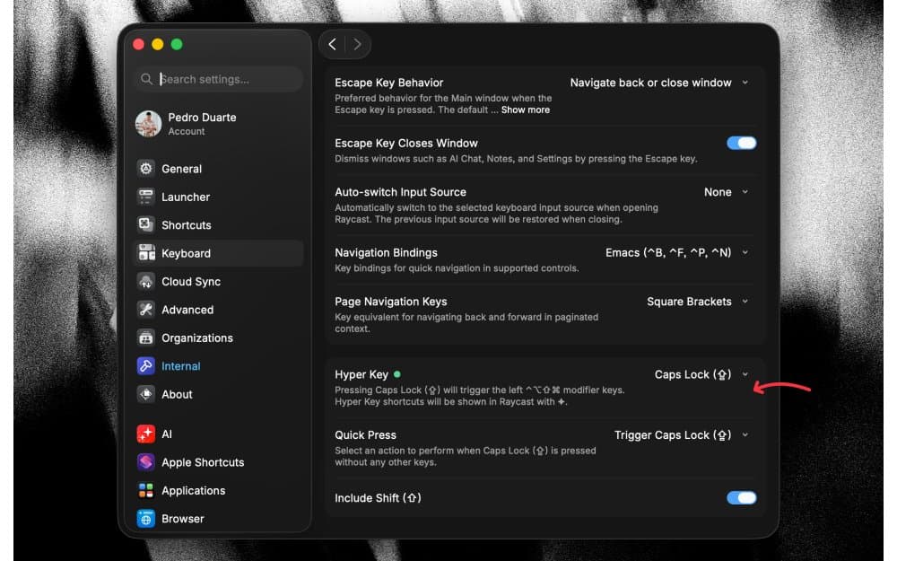 Raycast keyboard settings showing the Hyper Key setup.