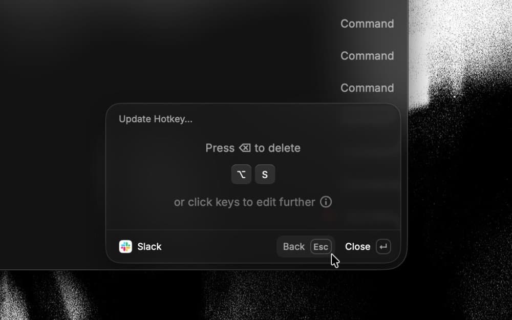 Raycast command settings showing a Slack hotkey set to Option S.