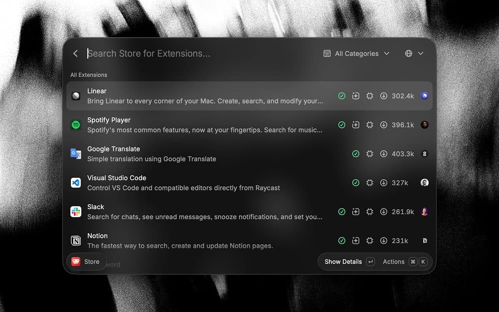 Raycast Store command showing extensions available to install.
