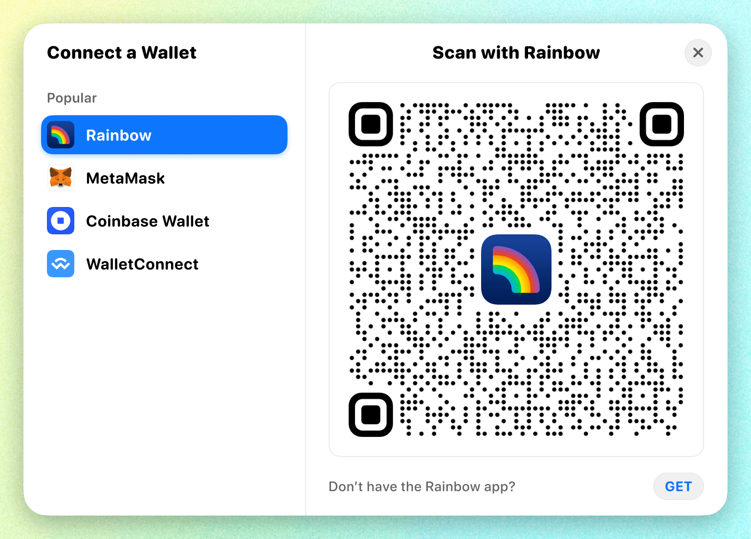RainbowKit's wallet list displaying RainbowKit, MetaMask, Coinbase Wallet and WalletConnect.